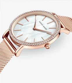 Zegarek damski na bransolecie mesh HANNAH MARTIN ZS36 tarcza z morskiej muszli rose gold biały