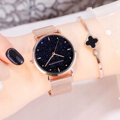 Zegarek damski na bransolecie mesh HANNAH MARTIN MS36 rose gold czarny elegancki piękny pudełko