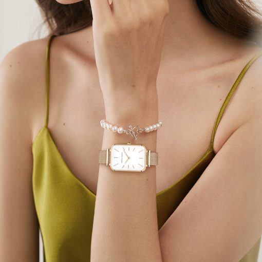 Damski zegarek na bransolecie mesh HANNAH MARTIN 1241 piękny elegancki rose gold biały