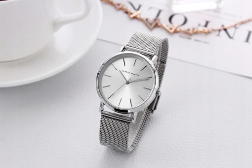 Elegancki srebrny zegarek damski na bransolecie mesh HANNAH MARTIN HM36 cały srebrny