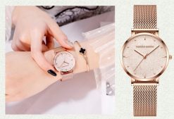 Zegarek damski rose gold na bransolecie mesh HANNAH MARTIN MS36 elegancki piękny pudełko