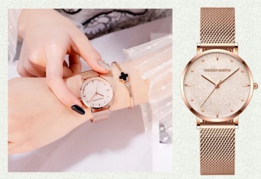 Zegarek damski rose gold na bransolecie mesh HANNAH MARTIN MS36 elegancki piękny pudełko
