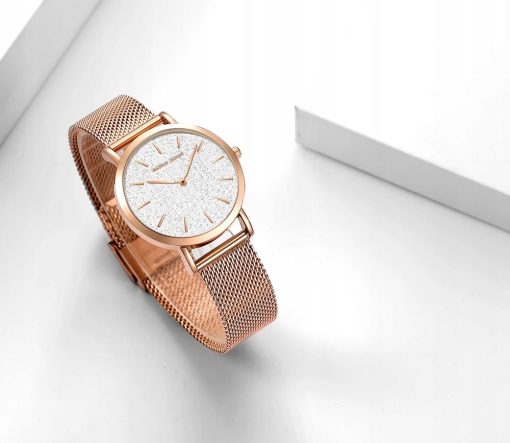 Zegarek damski rose gold na bransolecie mesh HANNAH MARTIN MS36 elegancki piękny pudełko