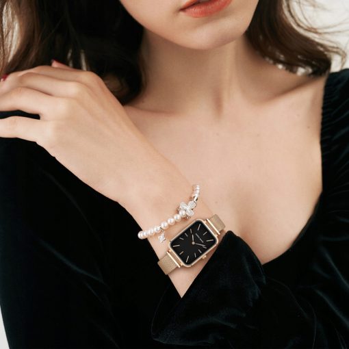 Damski zegarek na bransolecie mesh HANNAH MARTIN 1241 piękny elegancki rose gold czarny