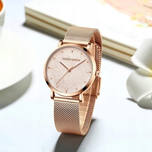 Zegarek damski rose gold na bransolecie mesh HANNAH MARTIN MS36 elegancki piękny pudełko