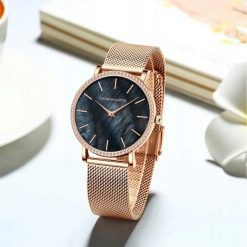 Zegarek damski na bransolecie mesh HANNAH MARTIN ZS36 tarcza z morskiej muszli rose gold czarny