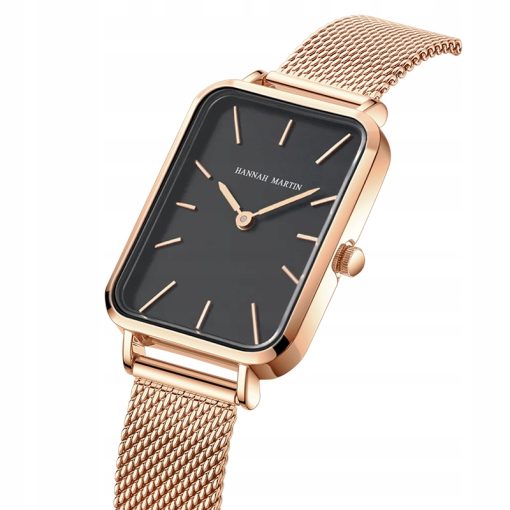 Damski zegarek na bransolecie mesh HANNAH MARTIN 1241 piękny elegancki rose gold czarny