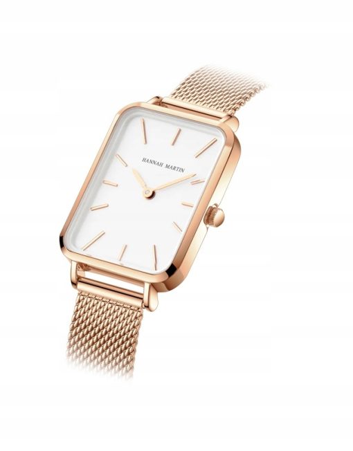 Damski zegarek na bransolecie mesh HANNAH MARTIN 1241 piękny elegancki rose gold biały