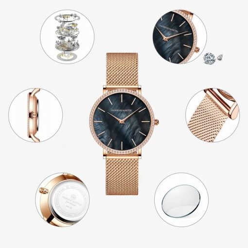 Zegarek damski na bransolecie mesh HANNAH MARTIN ZS36 tarcza z morskiej muszli rose gold czarny