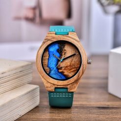 Drewniany damski zegarek na skórzanym pasku BOBO BIRD T74-1 elegancki tarcza z żywicy oraz drewna