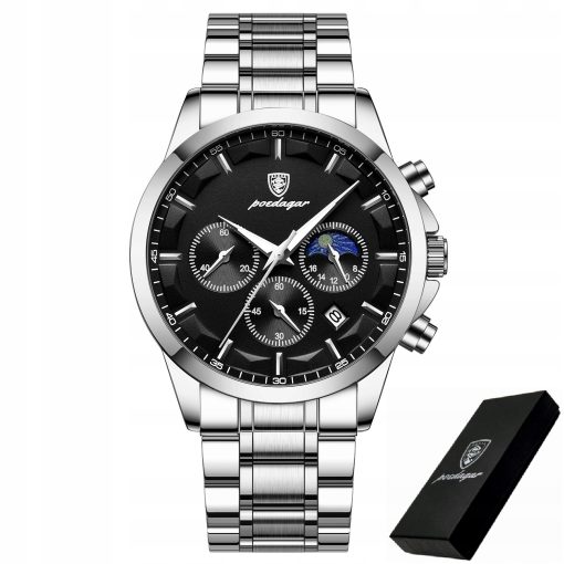 ZEGAREK MĘSKI ELEGANCKI POEDAGAR WSKAŹNIK DZIEŃ / NOC CHRONOGRAF PUDEŁKO