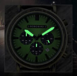 Drewniany męski zegarek BOBO BIRD T63-1 na bransolecie chronograf zielona tarcza 2