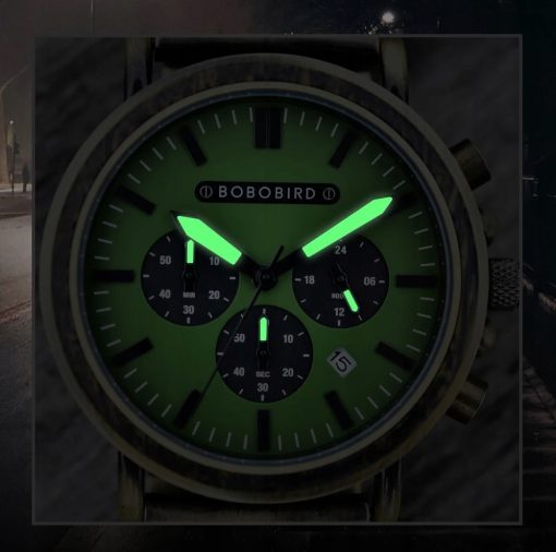 Drewniany męski zegarek BOBO BIRD T63-1 na bransolecie chronograf zielona tarcza