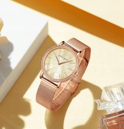 Zegarek damski na bransolecie mesh HANNAH MARTIN ZS36 tarcza z morskiej muszli rose gold żółty