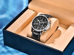 CZARNY ZEGAREK MĘSKI BENYAR NA SKÓRZANYM PASKU DATOWNIK CHRONOGRAF PUDEŁKO 2