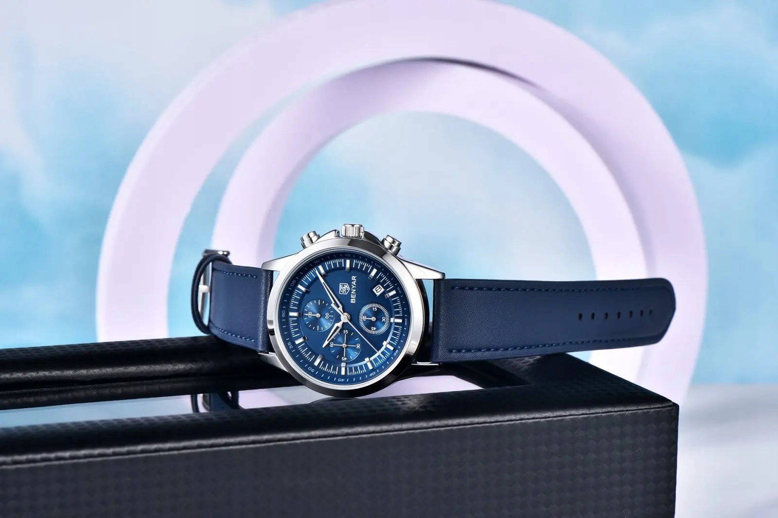 CZARNY ZEGAREK MĘSKI BENYAR NA SKÓRZANYM PASKU ELEGANCKI CHRONOGRAF PUDEŁKO CZARNY ZEGAREK MĘSKI BENYAR NA SKÓRZANYM PASKU ELEGANCKI CHRONOGRAF PUDEŁKO