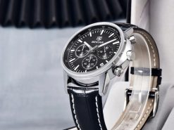 CZARNY ZEGAREK MĘSKI BENYAR NA SKÓRZANYM PASKU DATOWNIK CHRONOGRAF PUDEŁKO