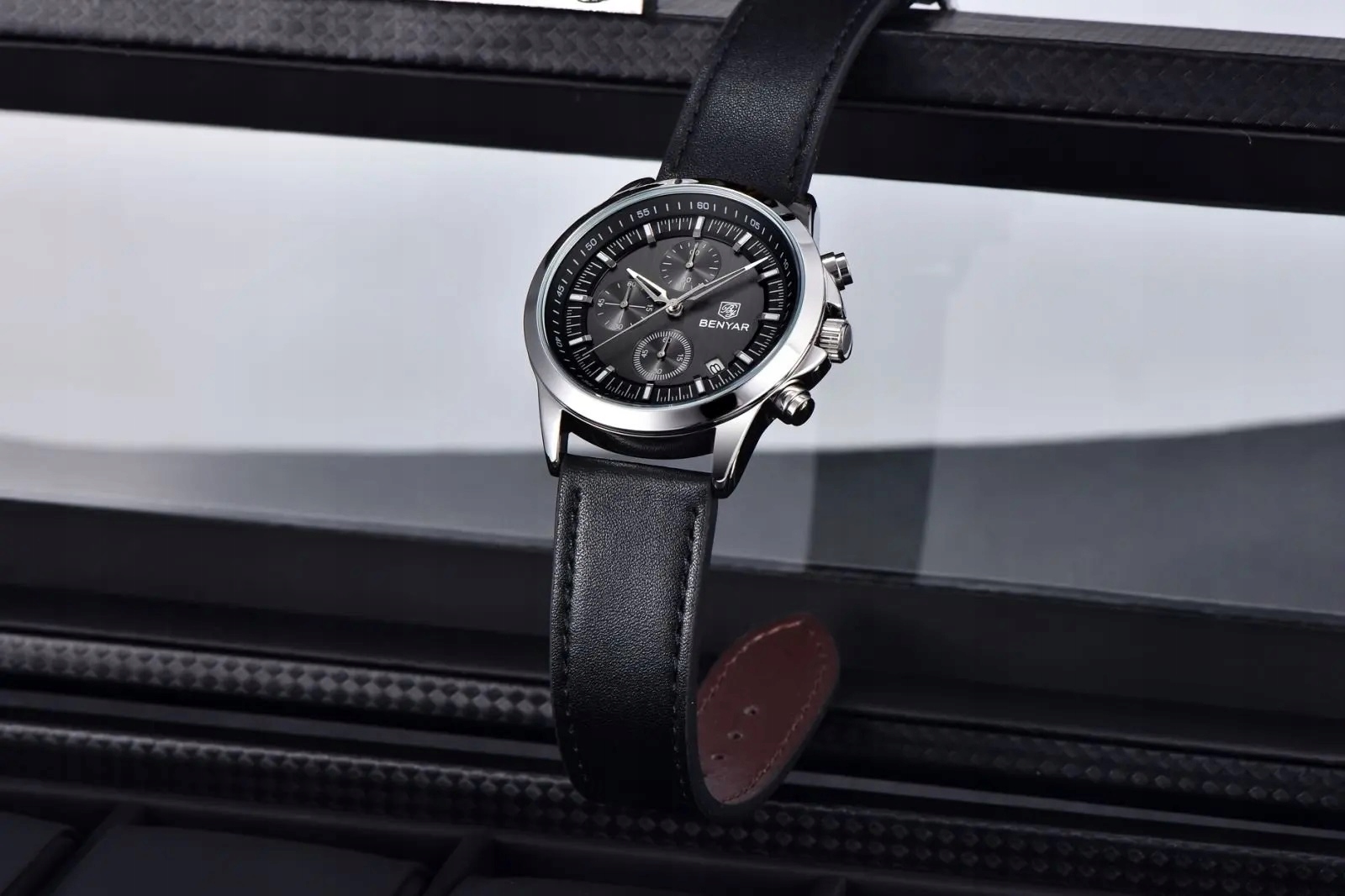 CZARNY ZEGAREK MĘSKI BENYAR NA SKÓRZANYM PASKU ELEGANCKI CHRONOGRAF PUDEŁKO CZARNY ZEGAREK MĘSKI BENYAR NA SKÓRZANYM PASKU ELEGANCKI CHRONOGRAF PUDEŁKO