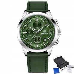 CZARNY ZEGAREK MĘSKI BENYAR NA SKÓRZANYM PASKU ELEGANCKI CHRONOGRAF PUDEŁKO