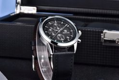 CZARNY ZEGAREK MĘSKI BENYAR NA SKÓRZANYM PASKU ELEGANCKI CHRONOGRAF PUDEŁKO