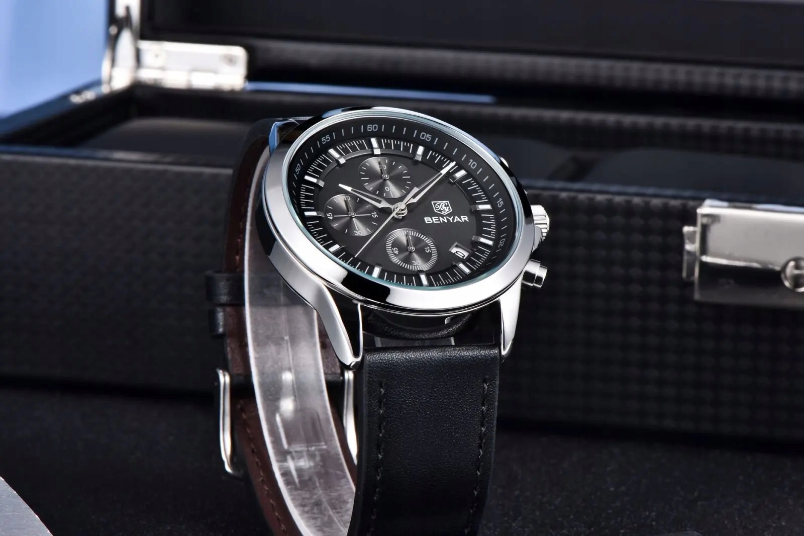 CZARNY ZEGAREK MĘSKI BENYAR NA SKÓRZANYM PASKU ELEGANCKI CHRONOGRAF PUDEŁKO CZARNY ZEGAREK MĘSKI BENYAR NA SKÓRZANYM PASKU ELEGANCKI CHRONOGRAF PUDEŁKO