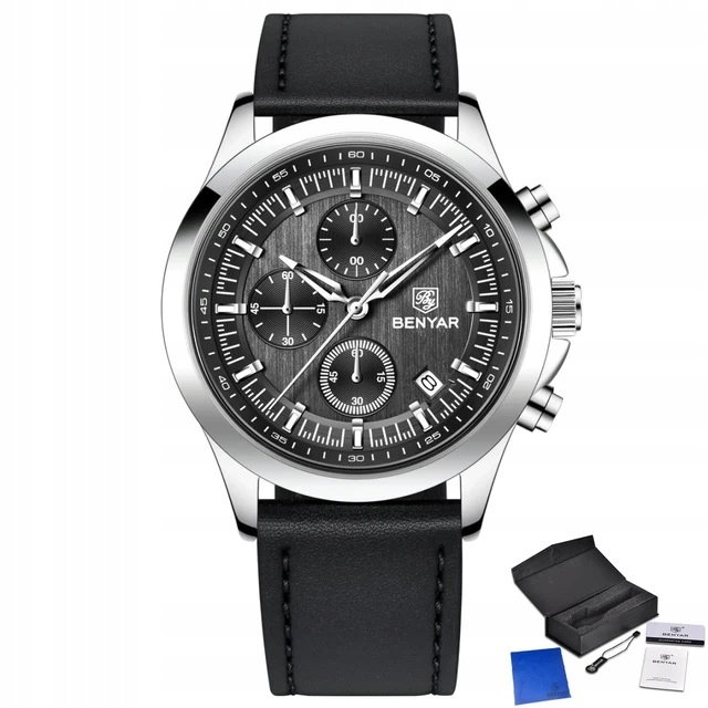 CZARNY ZEGAREK MĘSKI BENYAR NA SKÓRZANYM PASKU ELEGANCKI CHRONOGRAF PUDEŁKO CZARNY ZEGAREK MĘSKI BENYAR NA SKÓRZANYM PASKU ELEGANCKI CHRONOGRAF PUDEŁKO