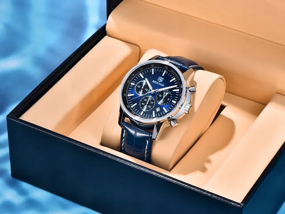 NIEBIESKI ZEGAREK MĘSKI BENYAR SKÓRZANY PASKEK DATOWNIK CHRONOGRAF PUDEŁKO NIEBIESKI ZEGAREK MĘSKI BENYAR SKÓRZANY PASKEK DATOWNIK CHRONOGRAF PUDEŁKO