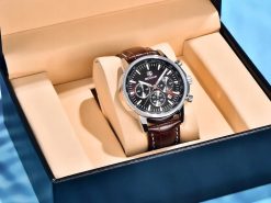 BRĄZOWY ZEGAREK MĘSKI BENYAR NA SKÓRZANYM PASKU DATOWNIK CHRONOGRAF PUDEŁKO 3