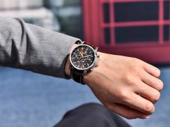 BRĄZOWY ZEGAREK MĘSKI BENYAR NA SKÓRZANYM PASKU DATOWNIK CHRONOGRAF PUDEŁKO 2