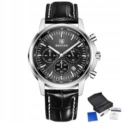 CZARNY ZEGAREK MĘSKI BENYAR NA SKÓRZANYM PASKU DATOWNIK CHRONOGRAF PUDEŁKO